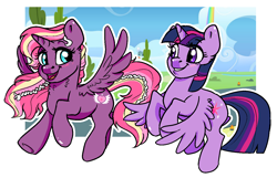 Size: 1356x871 | Tagged: safe, artist:ali-selle, derpibooru import, twilight sparkle, twilight sparkle (alicorn), oc, oc:lightning starlight, alicorn, pony, cute, female, flying, looking at each other, mare, simple background, smiling, transparent background