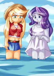 Size: 724x1023 | Tagged: safe, artist:araiiara123, derpibooru import, applejack, rarity, equestria girls, clothes, dress, duo, duo female, female, water, wet