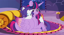 Size: 4816x2640 | Tagged: safe, artist:roses-are-gold, derpibooru import, rarity, twilight sparkle, twilight sparkle (alicorn), alicorn, pony, unicorn, colored wings, female, lesbian, lying down, multicolored wings, prone, rarilight, shipping, wings