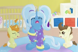 Size: 1771x1181 | Tagged: safe, artist:exobass, derpibooru import, pound cake, pumpkin cake, trixie, alternate hairstyle, baby, babysitter trixie, background, bed, carpet, clothes, crying, diaper, hoodie, shelf