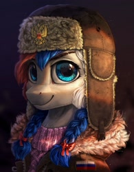 Size: 1920x2460 | Tagged: safe, artist:rysunkowasucharia, derpibooru import, oc, oc only, oc:marussia, pony, bust, clothes, female, hat, jacket, looking at you, mare, nation ponies, ponified, portrait, russia, smiling, solo, sweater, ushanka