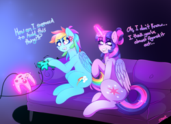 Size: 2964x2160 | Tagged: safe, artist:aaa-its-spook, derpibooru import, rainbow dash, twilight sparkle, twilight sparkle (alicorn), alicorn, pegasus, pony, female, gaming, glowing horn, horn, lesbian, magic, mare, nintendo 64 controller, shipping, sofa, teasing, telekinesis, twidash