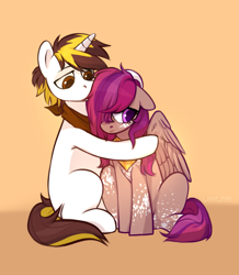 Size: 1681x1931 | Tagged: safe, artist:mari29511905, derpibooru import, oc, oc only, oc:asteroid trail, oc:felt whisper, pegasus, pony, unicorn, bandana, boyfriend and girlfriend, comforting, depressed, ender's herd, female, hug, male, mare, sad, stallion