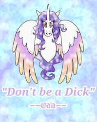 Size: 955x1200 | Tagged: safe, artist:natgasher, derpibooru import, oc, oc only, oc:gaia, alicorn, alicorn oc, auraverse, horn, solo, text, wings