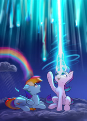 Size: 2856x3962 | Tagged: safe, alternate version, artist:xbi, derpibooru import, rainbow dash, starlight glimmer, pegasus, pony, unicorn, backwards cutie mark, cloud, duo, feather, high res, looking up, magic, magic overload, night, on a cloud, rain, rainbow, shocked, shocked expression, shooting star, sitting, sitting on cloud, sky, stars, textless version