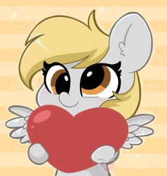 Size: 1900x2000 | Tagged: safe, artist:kittyrosie, derpy hooves, pegasus, pony, bipedal, blushing, cute, derp, derpabetes, female, heart, mare, signature, simple background, smiling, solo, spread wings, weapons-grade cute, wings