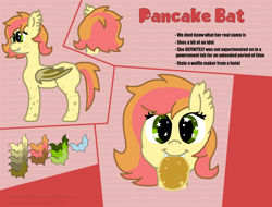 Size: 2017x1531 | Tagged: safe, artist:trooper3, derpibooru import, oc, oc only, oc:pancake bat, bat pony, pony, bat pony oc, bat wings, food, pancakes, reference sheet, solo, starry eyes, wingding eyes, wings