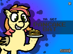 Size: 496x368 | Tagged: safe, artist:trooper3, derpibooru import, oc, oc only, oc:pancake bat, bat pony, pony, banned from equestria daily, bat pony oc, bat wings, food, meme, pancakes, solo, style emulation, wings