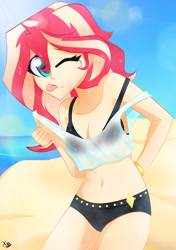 Size: 2304x3264 | Tagged: safe, artist:xan-gelx, sunset shimmer, equestria girls, adorasexy, beach, belly button, breasts, cleavage, clothes, cute, looking at you, ocean, one eye closed, sand, sexy, shimmerbetes, swimsuit, tongue out, water, wet, wink