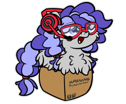 Size: 3250x2688 | Tagged: safe, artist:kimjoman, derpibooru import, oc, oc only, oc:cinnabyte, pony, adorkable, box, chest fluff, commission, cute, dork, female, fluffy, gaming headset, glasses, headphones, headset, mare, pony in a box, simple background, solo, transparent background, ych result, your character here