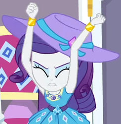 Size: 371x379 | Tagged: safe, derpibooru import, rarity, camping must-haves, equestria girls, spoiler:eqg series (season 2), armpits, blouse, clothes, geode of shielding, hat, magical geodes