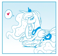 Size: 2424x2339 | Tagged: safe, artist:mrs1989, derpibooru import, princess luna, alicorn, pony, crown, female, heart, jewelry, looking at you, lying down, mare, monochrome, peytral, pillow, regalia, smiling, solo