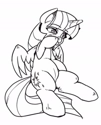 Size: 1899x2339 | Tagged: safe, artist:mrs1989, derpibooru import, twilight sparkle, twilight sparkle (alicorn), alicorn, female, mare, monochrome, nose picking, simple background, sitting, solo