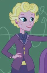 Size: 220x335 | Tagged: safe, derpibooru import, screencap, equestria girls, friendship games, blazer, chalkboard, classroom, cropped, crystal prep academy, ear piercing, earring, female, jewelry, piercing, solo, teacher