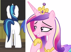 Size: 3008x2184 | Tagged: safe, derpibooru import, edit, edited screencap, screencap, princess cadance, shining armor, alicorn, pony, unicorn, butt, eyes on the prize, shieldbutt