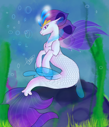 Size: 2400x2800 | Tagged: safe, artist:sashakruchkinatv, derpibooru import, queen novo, seapony (g4), my little pony: the movie, bioluminescent, bubble, crown, eyelashes, female, fin wings, fins, fish tail, jewelry, purple eyes, regalia, rock, seaweed, signature, smiling, solo, underwater, water, wings