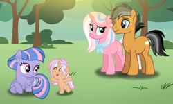 Size: 1280x768 | Tagged: safe, artist:purplepotato04, derpibooru import, clear sky, quibble pants, wind sprint, oc, oc:bliss, pony, female, male, offspring, parent:clear sky, parent:quibble pants, parents:quibblesky, quibblesky, shipping, straight
