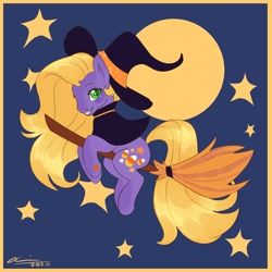 Size: 2000x2000 | Tagged: safe, artist:creeate97, derpibooru import, abra-ca-dabra, pony, g3, broom, flying, flying broomstick, hat, moon, solo, stars, witch hat