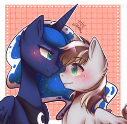 Size: 1479x1447 | Tagged: safe, artist:jovitatheresia, derpibooru import, princess luna, oc, oc:raxella gessu, oc:raxella s. gessu, alicorn, pegasus, pony, canon x oc, female, horn, luna moon, male, mare, simple background, stallion, wings