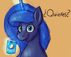 Size: 2048x1651 | Tagged: safe, artist:dummyhorse, derpibooru import, princess luna, alicorn, pony, bepis, bust, dialogue, drink, female, glowing horn, holding, horn, looking at you, magic, mare, offering, open mouth, orange background, simple background, smiling, solo, spanish, talking to viewer, telekinesis, three quarter view, translated in the description