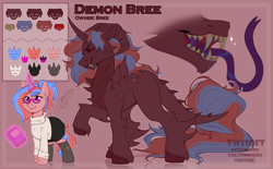 Size: 3059x1900 | Tagged: safe, artist:twisoft, derpibooru import, oc, oc only, oc:bree, demon, demon pony, original species, unicorn, clothes, fangs, glasses, horn, horns, palette, reference, reference sheet, sharp teeth, simple background, teeth, tongue out, transformation, unicorn oc