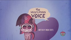 Size: 1920x1080 | Tagged: safe, derpibooru import, screencap, twilight sparkle, twilight sparkle (alicorn), alicorn, my little pony: pony life, the mysterious voice, spoiler:pony life s01e33, female, nervous, solo, sweat, title card