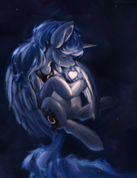 Size: 2550x3300 | Tagged: safe, artist:th3ipodm0n, derpibooru import, princess luna, alicorn, pony, covering, crying, eyes closed, female, glow, heart, mare, night, protecting, solo, stars, teary eyes, three quarter view, wing covering, wings