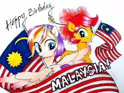 Size: 3096x2322 | Tagged: safe, artist:liaaqila, derpibooru import, oc, oc:qilala, oc:rosa blossomheart, :p, bunga raya, cute, flag, flower, flower in hair, hibiscus, jalur gemilang, malay independence day, malaysia, malaysian flag, ocbetes, simple background, tongue out, white background