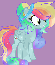 Size: 1800x2100 | Tagged: safe, artist:circuspaparazzi5678, derpibooru import, oc, oc:rainbow blitz, crystal pony, pegasus, pony, base used, crystal, curly mane, different hairstyle, ear piercing, earring, jewelry, main oc, multicolored hair, parent:fluttershy, parent:rainbow dash, piercing, rainbow hair, rainbow makeup, shiny, solo