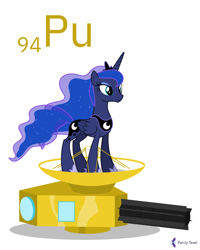 Size: 4000x5000 | Tagged: safe, artist:parclytaxel, derpibooru import, princess luna, alicorn, pony, series:joycall6's periodic table, .svg available, absurd resolution, chemistry, female, looking down, mare, new horizons, periodic table, plutonium, pun, radioisotope thermoelectric generator, simple background, smiling, solo, vector, visual pun, white background