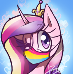 Size: 482x484 | Tagged: safe, artist:kaywhitt, derpibooru import, princess cadance, alicorn, pony, blue background, commission, coronavirus, covid-19, crown, face mask, female, heart, jewelry, mare, mask, one eye closed, pansexual, pansexual pride flag, pride, pride flag, regalia, simple background, solo, wink, ych result