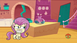 Size: 800x450 | Tagged: safe, derpibooru import, screencap, fluttershy, pegasus, pony, my little pony: pony life, the 5 habits of highly effective ponies, spoiler:pony life s01e34, animated, behaving like pinkie pie, deflation, female, gif, inflation, mare, tongue out, treehouse logo, you tried