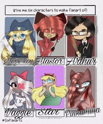 Size: 1715x2048 | Tagged: safe, artist:lunarose.exe, derpibooru import, pinkie pie, earth pony, human, pony, fanfic:cupcakes, alastor, baseball bat, blood, bow, bust, crossover, female, glasses, hair bow, hair over one eye, hazbin hotel, hoof hold, knife, male, mare, mogeko castle, pinkamena diane pie, six fanarts, smiling, star butterfly, star vs the forces of evil, vaggie, we happy few
