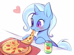 Size: 2048x1534 | Tagged: safe, artist:pirateyoukai, derpibooru import, trixie, pony, unicorn, apple juice, blushing, can, cute, diatrixes, eating, female, food, heart, juice, mare, meat, pepperoni, pepperoni pizza, pizza, simple background, solo, white background
