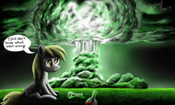 Size: 854x512 | Tagged: safe, artist:dreamyskies, derpibooru exclusive, derpibooru import, derpy hooves, ditzy doo, pegasus, accident, chemicals, complex background, destroyed, destroyer, destroyer of worlds, detailed background, end of ponies, explosion aftermath, explosives, feeling sorry, female, grass, grass field, i just don't know what went wrong, mare, open mouth, sitting, sitting on grass, solo, text, this ended in fire, upset