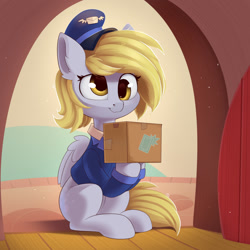 Size: 1200x1200 | Tagged: safe, artist:anti1mozg, derpibooru import, derpy hooves, pegasus, pony, my little pony: pony life, unboxing day, spoiler:pony life s01e30, box, cardboard box, cute, derpabetes, female, g4.5 to g4, hat, mailmare, mailmare hat, mare, scene interpretation, smiling, solo