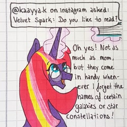 Size: 1080x1080 | Tagged: safe, artist:galaxy.in.mind, derpibooru import, oc, oc only, oc:velvet spark, pony, ask, book, bust, female, glasses, glowing horn, graph paper, horn, magic, magical lesbian spawn, mare, offspring, parent:tempest shadow, parent:twilight sparkle, parents:tempestlight, solo, telekinesis, traditional art