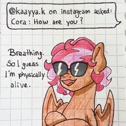 Size: 1080x1080 | Tagged: safe, artist:galaxy.in.mind, derpibooru import, oc, oc only, oc:cora, pegasus, pony, :d, ask, bust, crossed arms, female, graph paper, mare, open mouth, pegasus oc, smiling, solo, sunglasses, traditional art, wings