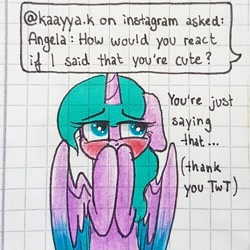 Size: 1080x1080 | Tagged: safe, artist:galaxy.in.mind, derpibooru import, oc, oc only, oc:angela, alicorn, pony, alicorn oc, ask, blushing, bust, female, graph paper, horn, mare, solo, traditional art, two toned wings, wings