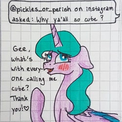 Size: 1080x1080 | Tagged: safe, artist:galaxy.in.mind, derpibooru import, oc, oc only, oc:angela, alicorn, pony, alicorn oc, ask, blushing, bust, female, graph paper, horn, mare, raised hoof, solo, traditional art, two toned wings, wings