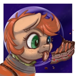 Size: 900x893 | Tagged: safe, artist:kovoranu, derpibooru import, oc, oc only, oc:rusty gears, earth pony, pony, astronaut, birthday, cake, food, helmet, licking, solo, space, spacesuit, tongue out