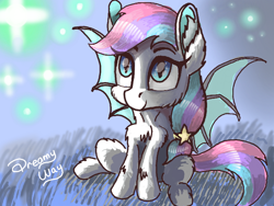 Size: 680x512 | Tagged: safe, artist:dreamyskies, derpibooru exclusive, derpibooru import, oc, oc:dreamyway skies, bat pony, abstract background, bat pony oc, bat wings, chest fluff, cute, dream, ear fluff, female, fluffy, looking up, lowres, mare, night, quick draw, rough, sitting, sketch, smiley face, smiling, solo, sparkles, starry eyes, stars, this will never finish, wingding eyes, wings