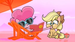 Size: 1669x931 | Tagged: safe, derpibooru import, screencap, applejack, pinkie pie, earth pony, pony, don't look a .gif horse in the mouth, my little pony: pony life, spoiler:pony life s01e31, context is for the weak, sunglasses