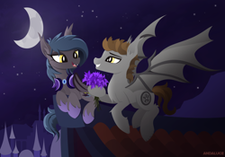 Size: 2000x1401 | Tagged: safe, artist:andaluce, derpibooru import, oc, oc only, oc:devin, oc:gotha, bat pony, cute, flower, flying, night, scenery, smiling