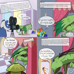 Size: 2562x2562 | Tagged: safe, artist:professor-ponyarity, derpibooru import, oc, oc:color flare, oc:maxi, oc:rye, cat, dragon, pony, unicorn, camera, tumblr:ask rye dimar dragon