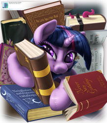 Size: 2700x3100 | Tagged: safe, artist:awalex, derpibooru import, twilight sparkle, pony, book, female, harry potter, harry potter and the chamber of secrets, high res, mare, smiling, solo, that pony sure does love books, the elder scrolls, the lusty argonian maid, tom and jerry