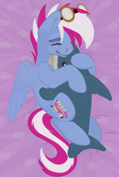 Size: 2683x4000 | Tagged: safe, artist:macyw, derpibooru import, oc, oc only, oc:steam loco, pegasus, pony, shark, commission, cuddling, cute, eyes closed, goggles, male, pegasus oc, simple background, sleeping, smiling, solo, spread wings, wings, ych result