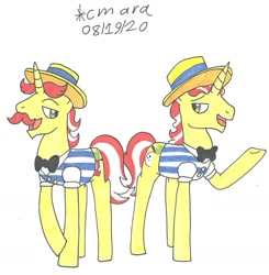 Size: 1323x1352 | Tagged: safe, artist:cmara, derpibooru import, flam, flim, pony, unicorn, bowtie, clothes, duo, facial hair, flim flam brothers, hat, male, moustache, open mouth, raised hoof, shirt, simple background, stallion, traditional art, white background