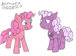 Size: 1218x899 | Tagged: safe, artist:cmara, derpibooru import, pinkie pie, earth pony, pony, amethyst (steven universe), crossover, duo, female, mare, open mouth, ponified, simple background, steven universe, traditional art, white background