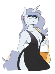 Size: 857x1153 | Tagged: safe, artist:redxbacon, oc, oc only, oc:platinum decree, anthro, unicorn, absolute cleavage, anthro oc, black dress, cleavage, dress, earring, female, lidded eyes, looking away, mare, pierced ears, piercing, purse, side slit, solo